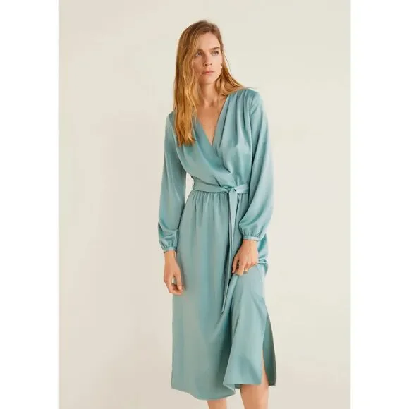 Mango | Dresses | Mango Satin Tie Midi Dress Womens Powder Blue Wedding  Guest Cocktail Elegant | Poshmark